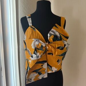 Leith Mustard Floral Twist-Front Crop Top